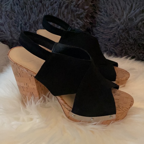 Black suede Fergie cork wedge heels, wore once. - Picture 3 of 4
